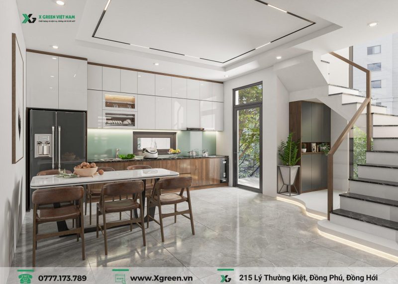 thiết kế nội thất bếp sang trọng, kết hợp màu sắc tinh tế và vật liệu cao cấp đang được ưa chuộng tại Quảng Bình